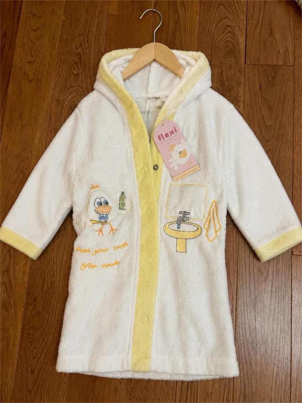 Flexi Baby 9M Hooded Bathrobe White Yellow Bird Embroidered Terry Cloth NWT